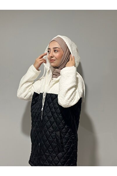moda çağdaş Kapüşonlu Yarı Peluş Kapitone Mont