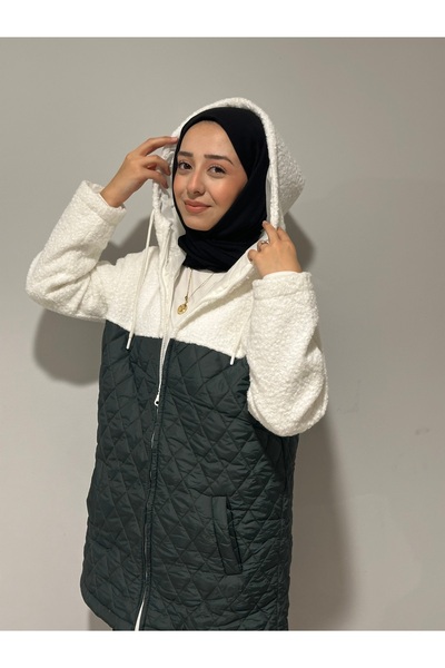 moda çağdaş Kapüşonlu Yarı Peluş Kapitone Mont