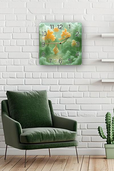 kutuTR 3D Look Tempered Glass Square Clock – Green Forest and Yellow Dress Themed Uv Printing 33X33 cm - Kcs135