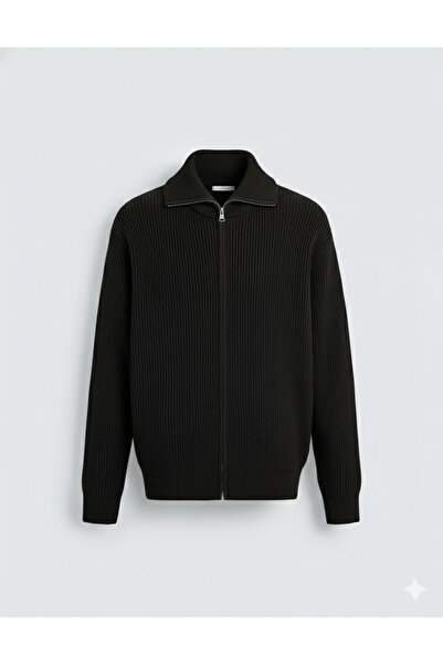 ECARTS Erkek Premium Fermuarlı Ters Örgü Hırka Siyah Eca052