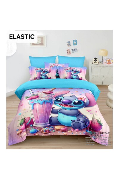 Lenjeria Familiei Tale Finet Bed Linen 6 Pieces – Double Bed with Fitted Sheet - Blue Stitch with Milkshake Pattern