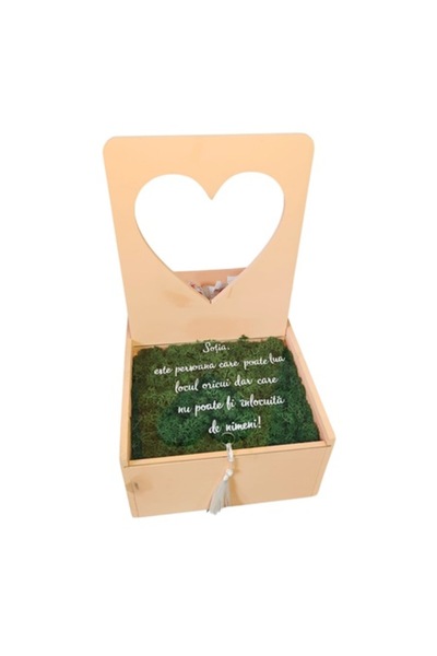 aom Message box for wife with stabilized lichens, wine and candies, peach color