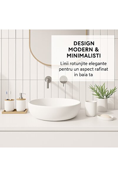 TnsAround Bathroom Accessory Set, 7 Pieces, White with Bamboo Details, Plastic, 26x19.5x19.5 cm