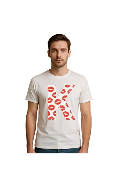 OEM Personalized white men's T-shirt, initial K, kisses, Size 2XL