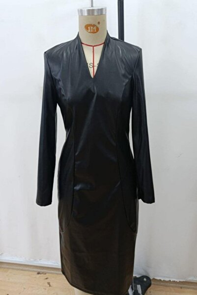 Mossta V-Neck Long Sleeve Midi Leather Dress - Black