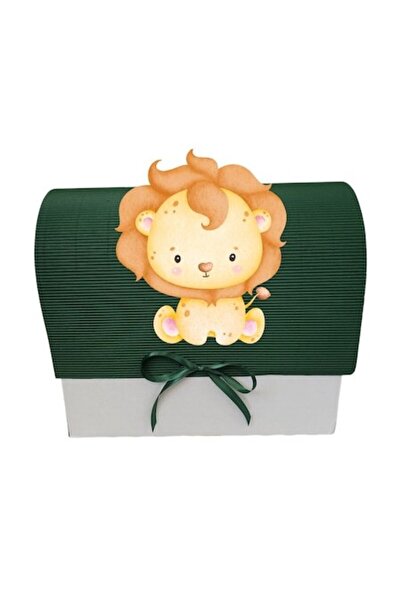 OEM Cutie cadou pentru botez, 34x30x17 cm, verde închis, leu în acuarelă