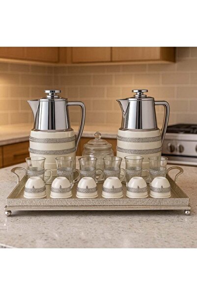 Radin طقم شاي وقهوة عربي دمنهور، ٢٢ قطعة - فضي وأبيض، مع خاصية الاحتفاظ بالحر...