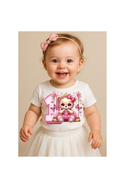 OEM - Tricou de ziua de naștere pentru fetiță, numărul 1, ursuleț de pluș roz...