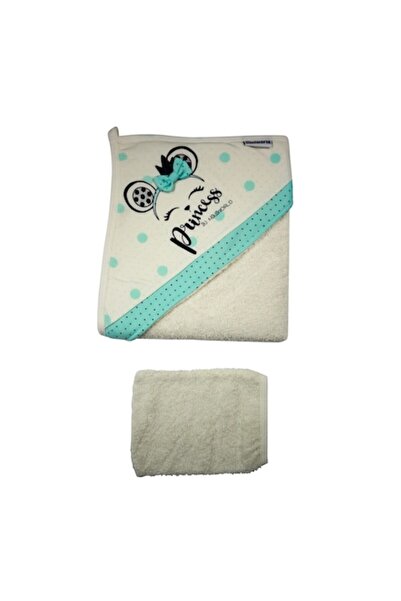 Miniworld Baby Bath Towel "Little Bear" with Hood and Mitt, Cotton, White/Mint, 0-24 months