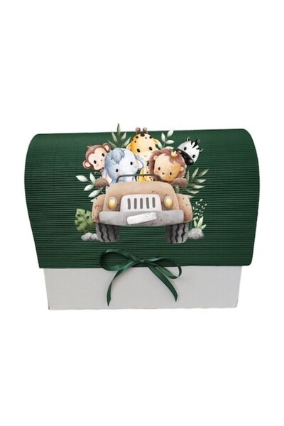 OEM Cutie cadou pentru botez, 34x30x17 cm, verde închis, mașinuță cu animale