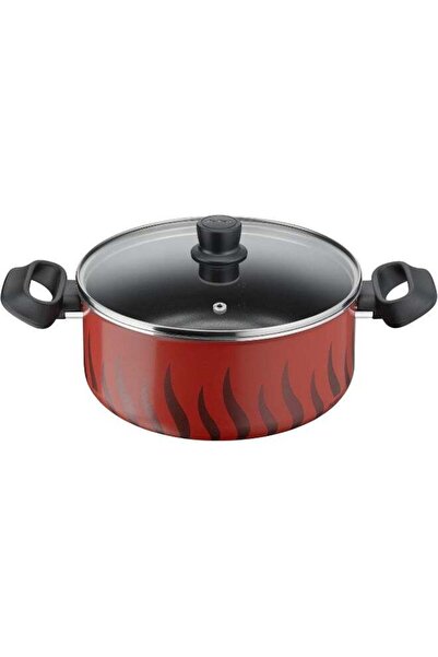 TEFAL Tempo Flame 24 cm Non-Stick Casserole with Lid (Red with black flames)