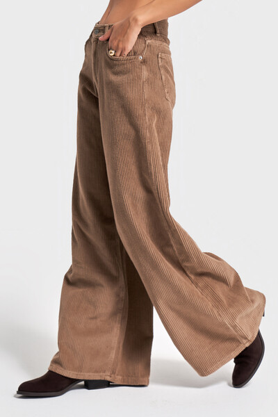 its basic Дамски кафяви панталони Hera 29w5-29 Palazzo Fit с дебели шевове от кадифе