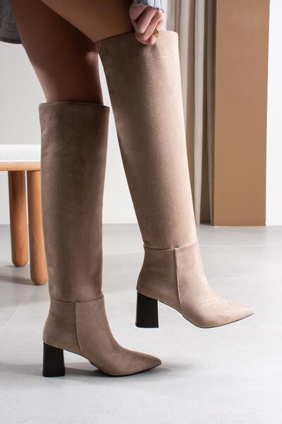 FSKOMBİN Louis Dark Beige Suede Pointed Toe Over-The-Knee Long Women's Heeled Boots