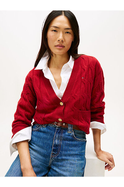 Tommy Hilfiger Cable V-Neck Oversized D Soft Wool Cardigan