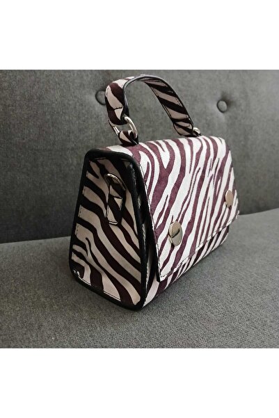Hikayedem Burgundy Zebra Print Handbag with Top Handle