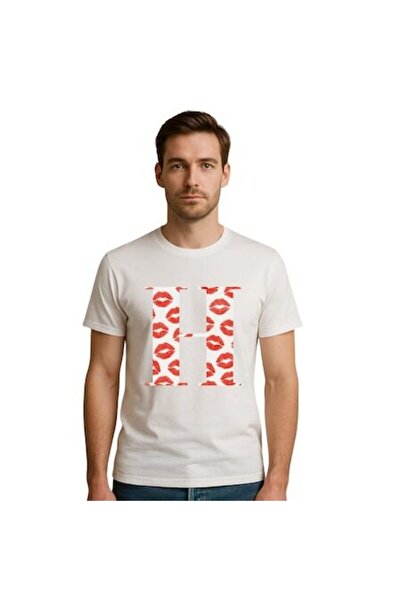 OEM White personalized men's t-shirt, initial H, kisses, size XL