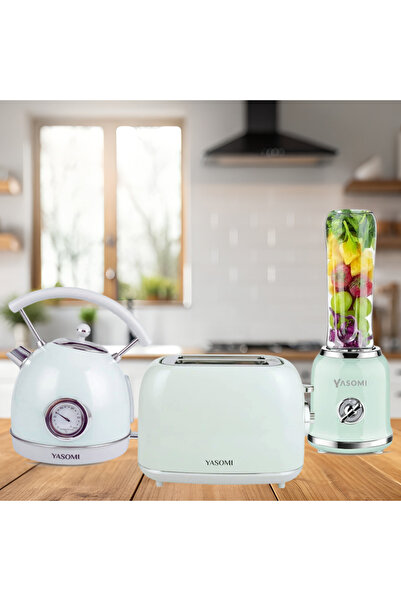 Yasomi Retro Kahvaltı Seti Su Isıtıcı Kettle + Smoothie Blender + Ekmek Kızar...