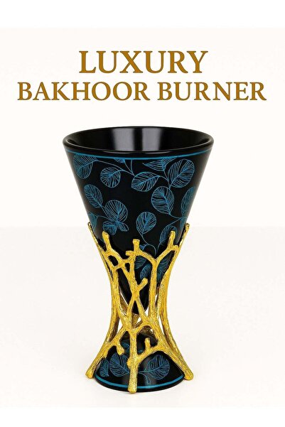 Radin Luxury Bakhoor Burner - Black & Blue Leaf Design with Golden Stand