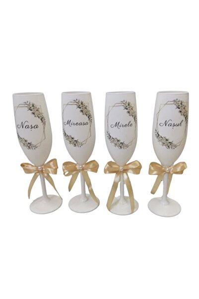 OEM Set of 4 wedding glasses (bride, groom and sponsors), white with cream bow