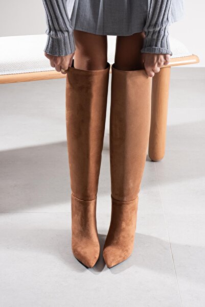 FSKOMBİN Louis Camel Suede Pointed Toe Over-The-Knee Long Women's Heeled Boots