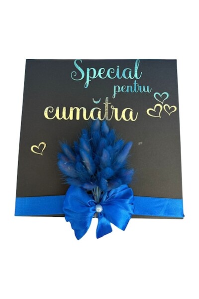 OEM Cutie cadou elegantă pentru nașă – flori albastre și mesaj emoționant „La mulți ani”