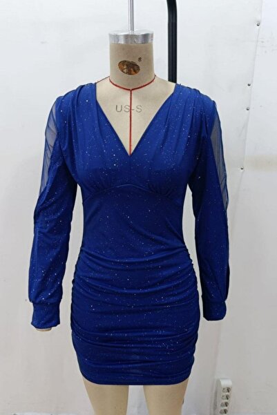 Mossta Rochie cu decolteu în V, cu umăr dezactivat, cu sclipici, Sandy - albastru cobalt