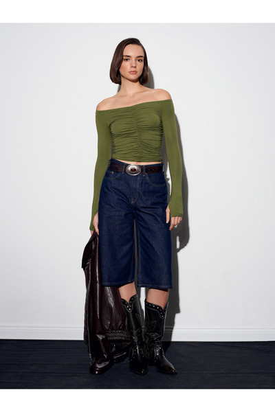 Dilvin 32089 Off-The-Shoulder Gathered Top-Light Khaki