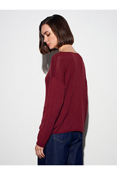 Dilvin 10706 Oval Neck Draped Sweater-Dark Burgundy