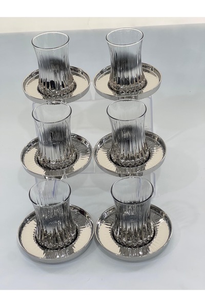 isra kristal Luxury 6-Piece Silver Glass Tea Set – Stylish Cup and Saucer Set – Dishwasher Safe Tea Set