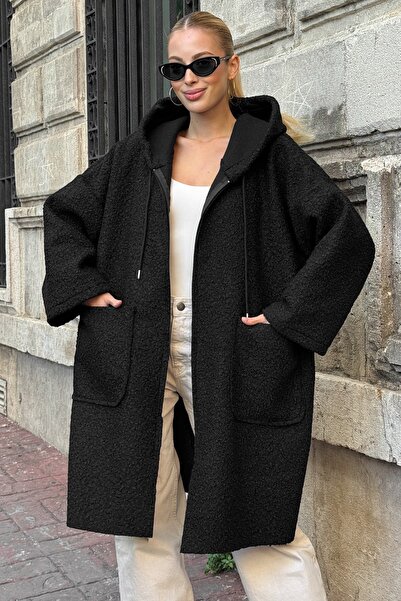 Chiccy Black Hooded Long Sleeve Zippered Pocket Unlined Boucle Casual Oversized Woven Coat 90 73