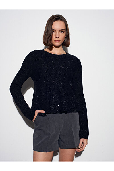 Dilvin 10832 Peplum Glitter Knit Sweater-Black