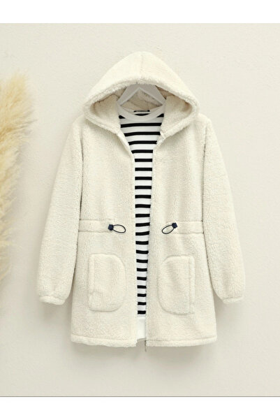 nedo7 Elastic waist hooded zippered plush coat - ecru