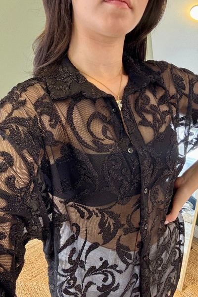 NUDEQUEEN Oversize Dantel Tül Gömlek D5903