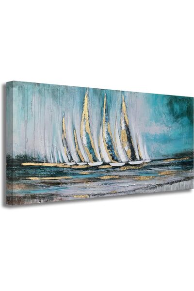 Emoda home Trove Blue Abstract Canvas Wall Art 60x120cm, Teal Ocean Sailboat ...