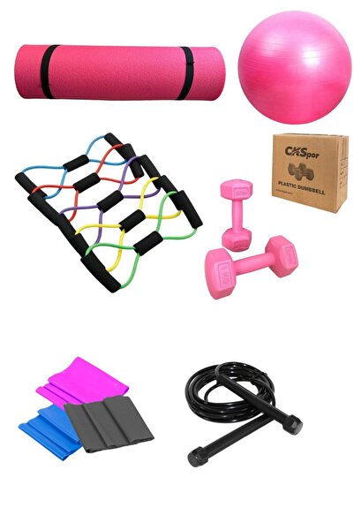 CKSpor Set Pilates 8 piese: Saltea roz de 10 mm + 2 gantere de 1 kg + Coarda ...
