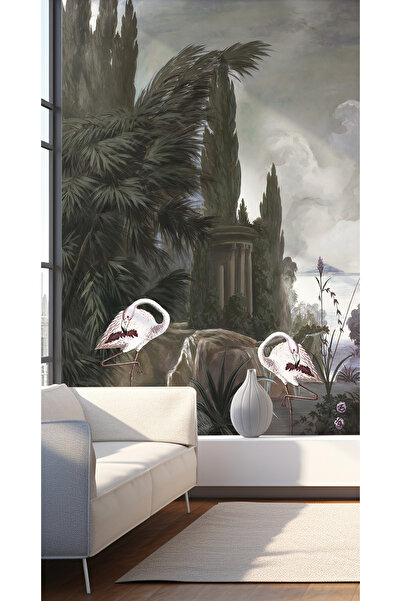 Tasarım Koyu Egzotik Flamingo Manzaralı Duvar Kağıdı Poster | Vintage Antik K...