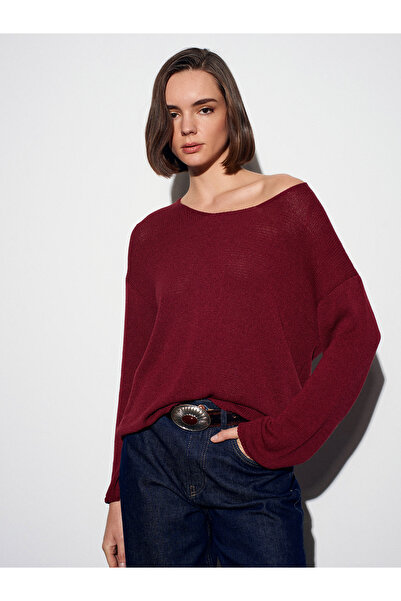 Dilvin 10706 Oval Neck Draped Sweater-Dark Burgundy