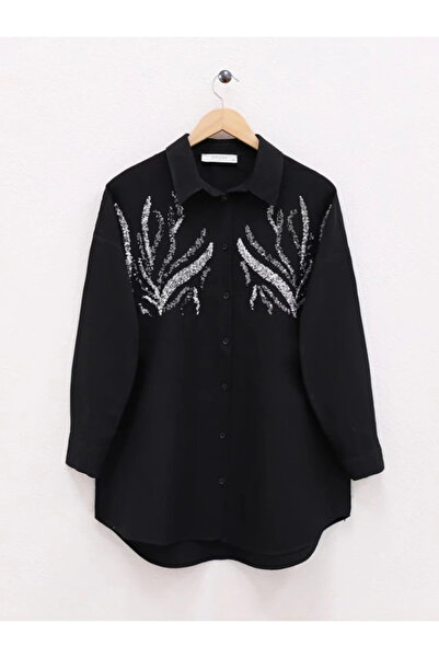 nedo7 Long shirt with sequin front - black