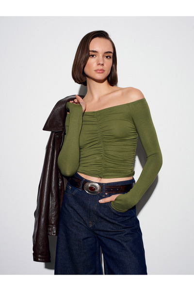 Dilvin 32089 Off-The-Shoulder Gathered Top-Light Khaki