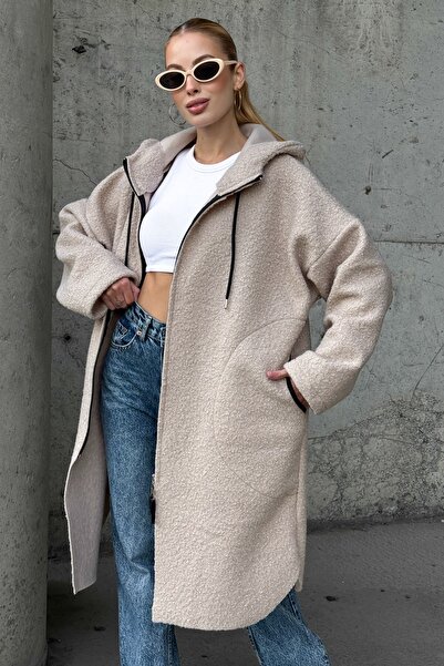 Chiccy Beige Hooded Long Sleeve Zippered Pocket Unlined Boucle Casual Oversized Woven Coat 98 68