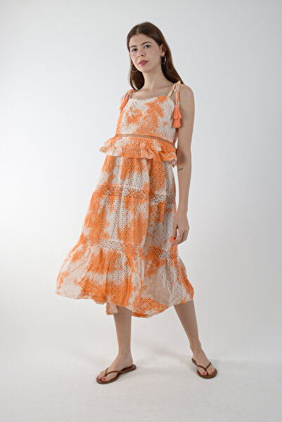 REİNA TEKS Bohemian Dress 1 Piece Ethnic Guipure Detailed Midi Retro Dress Orange