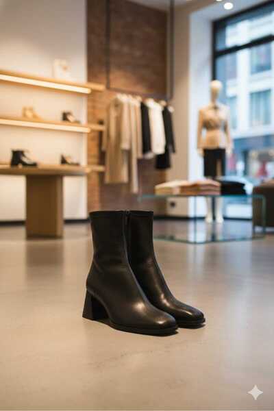 maria life Kadın Siyah Küt Burun Topuklu Bot