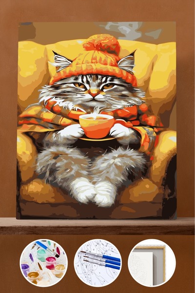 Pastelya Sayılarla Boyama Seti Çerçeveli Kasnaklı Kış Kedisi 40x50 cm