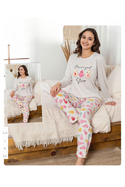 İpek Women's Long Sleeve Crew Neck Fruit Pattern Cotton Pajama Set