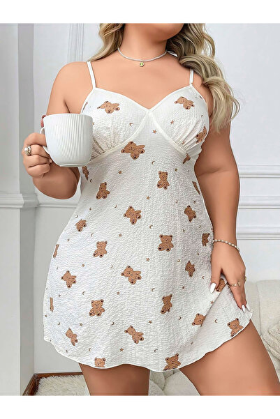 Scarlest Plus Size Teddy Bear Patterned Cotton Thin Strap Mini Nightdress
