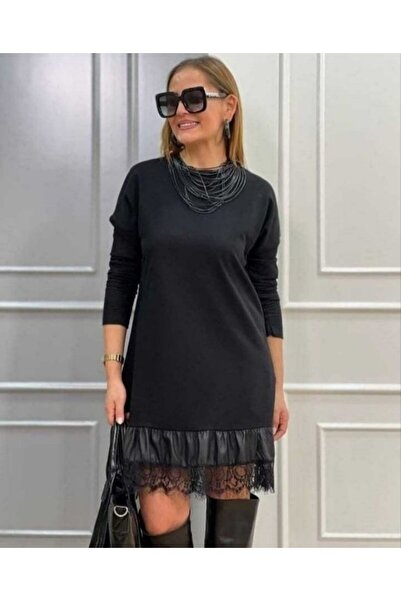 babatr.com Women's Long Sleeve Crew Neck Hem Leather Lace Viscose Two Thread Midi Dress