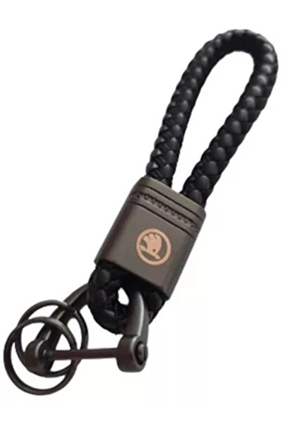 Skoda Metal keychain with braided black leather and logo