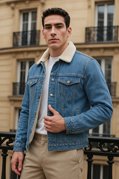 comstar Ανδρικό χειμερινό casual μπουφάν από βελούδινη γούνα A. Μπλε τζιν μπουφάν