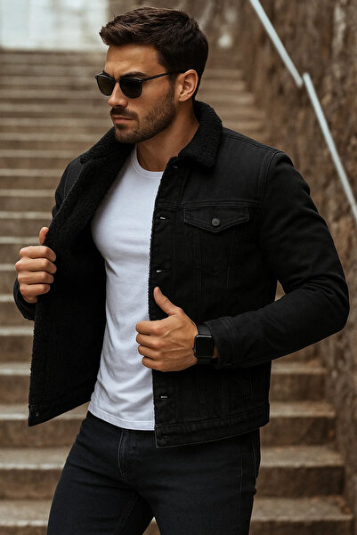 comstar Men's Winter Trend Fur Inside Plush S.Black Denim Jacket