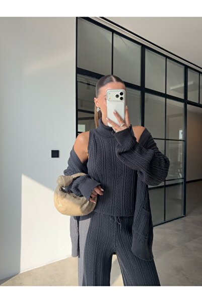 BB Bensu Buyruk Throat-Patterned 3-Piece Anthracite Knitwear Set